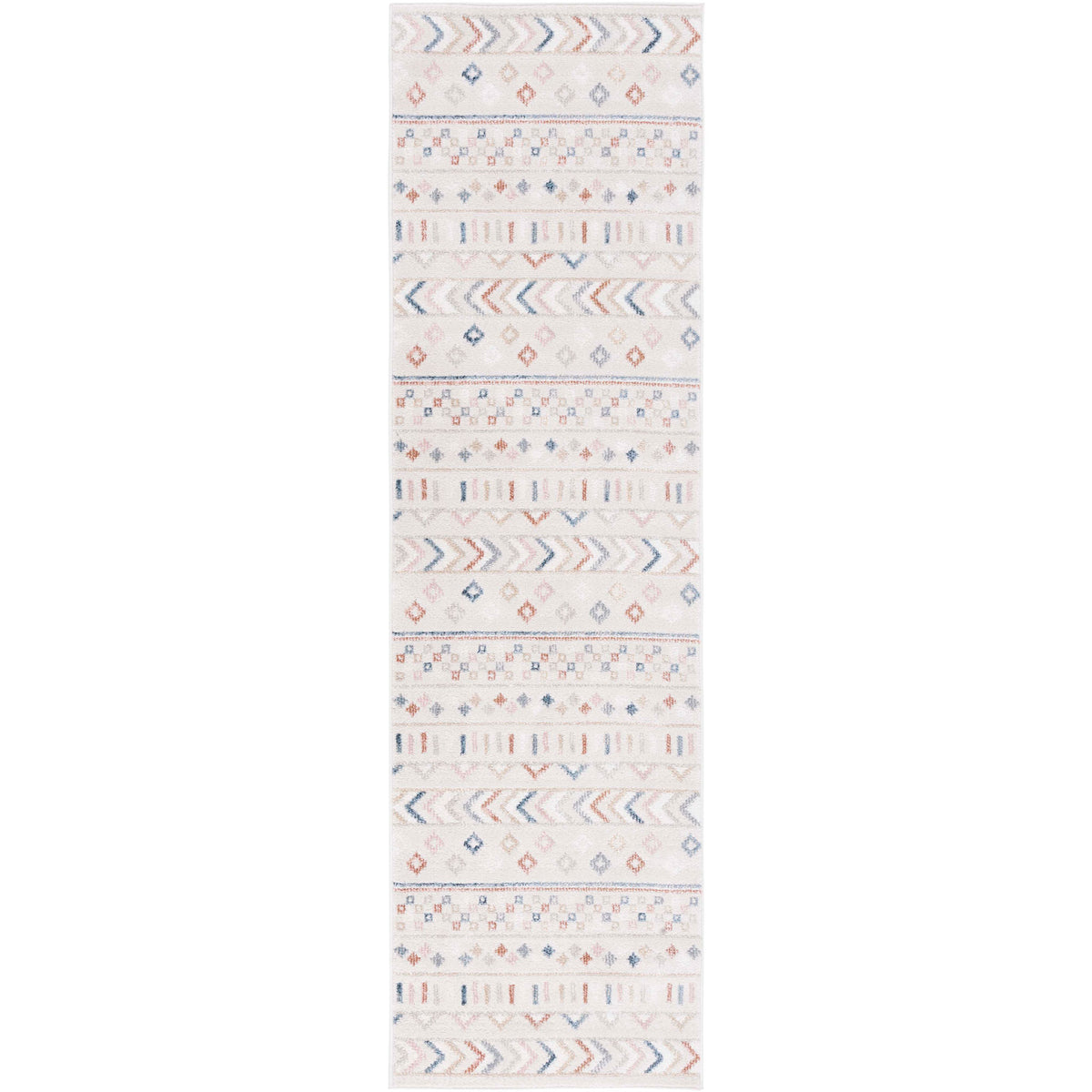 Beige runner rug with chevron and diamond accents in muted blue and terracotta || BLR226B-28 || top_studio