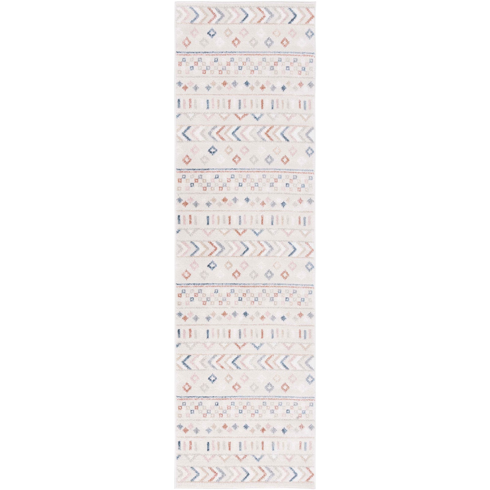 Beige runner rug with chevron and diamond accents in muted blue and terracotta || BLR226B-28 || top_studio
