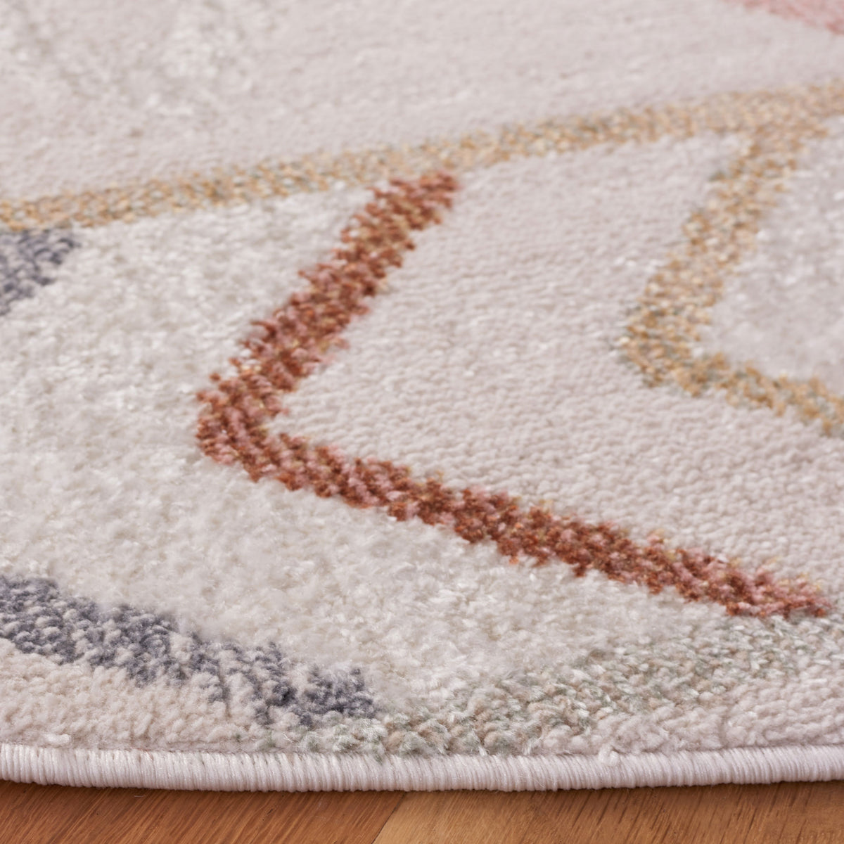 Plush texture and bound edge with multicolor geometric pattern on a beige ground || BLR226B-7R || detail_room