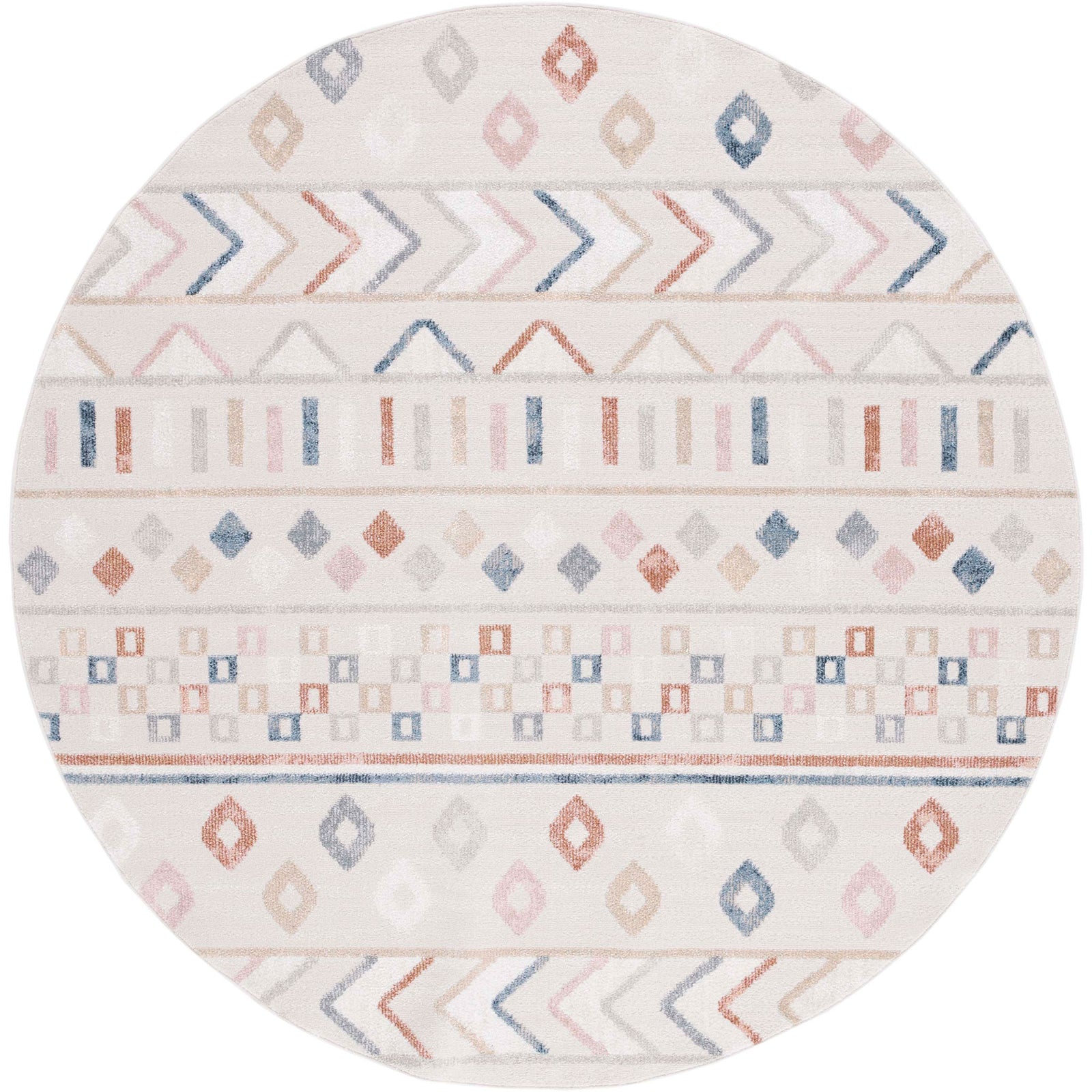 Round beige rug with multicolor geometric motifs and a smooth, low pile || BLR226B-7R || top_studio