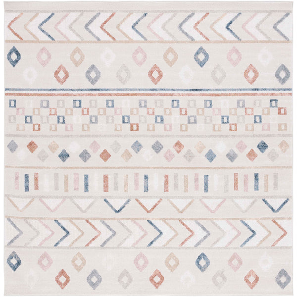 Square beige area rug with multicolor diamonds and chevrons in a light, Scandinavian-inspired palette || BLR226B-7SQ || top_studio