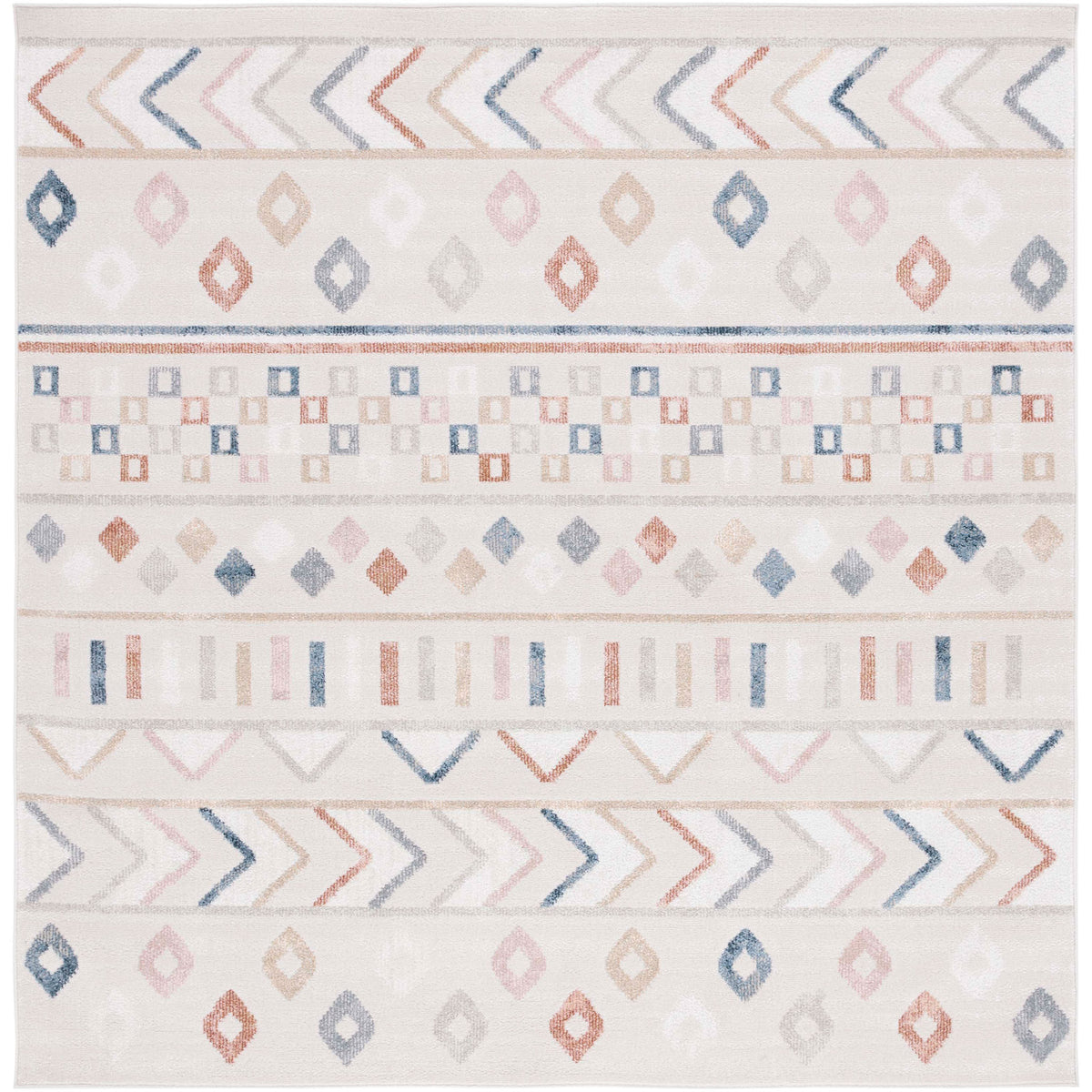 Square beige area rug with multicolor diamonds and chevrons in a light, Scandinavian-inspired palette || BLR226B-7SQ || top_studio