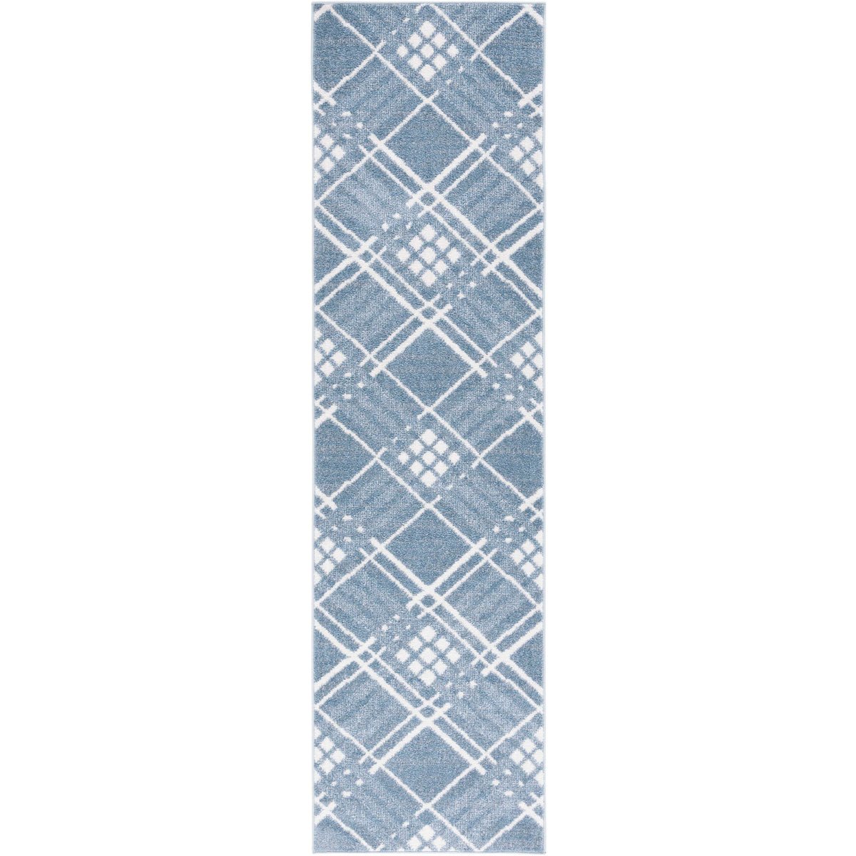Blue and ivory geometric runner rug with a diamond lattice pattern || BLR228M-28 || top_studio