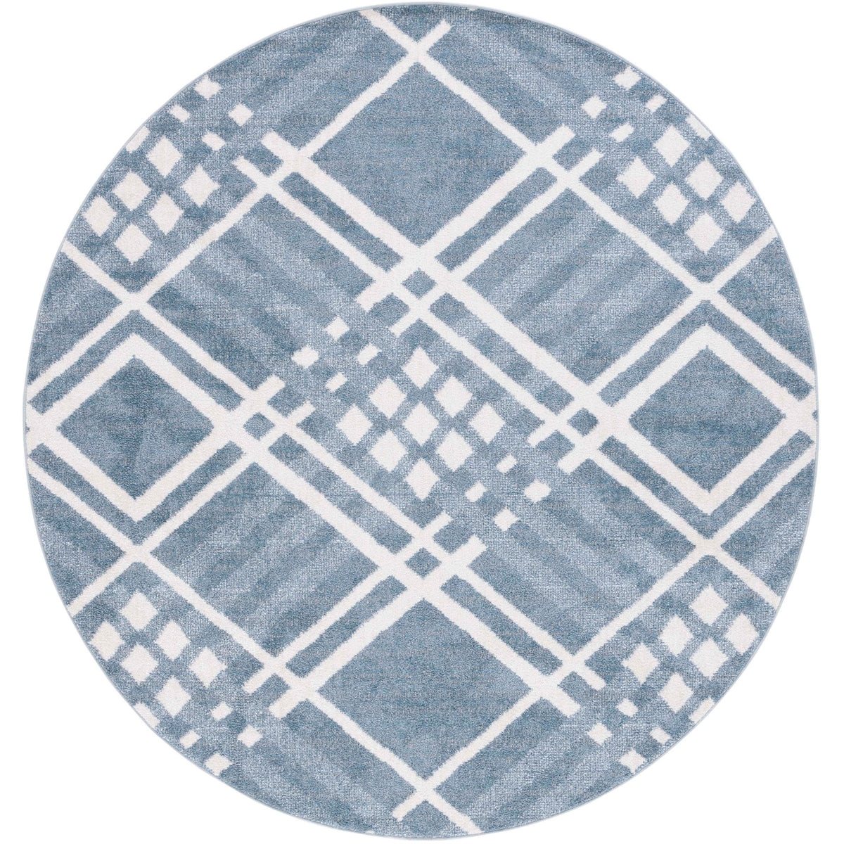 Blue and ivory round rug with crisp geometric lattice for modern style. || BLR228M-7R || top_studio