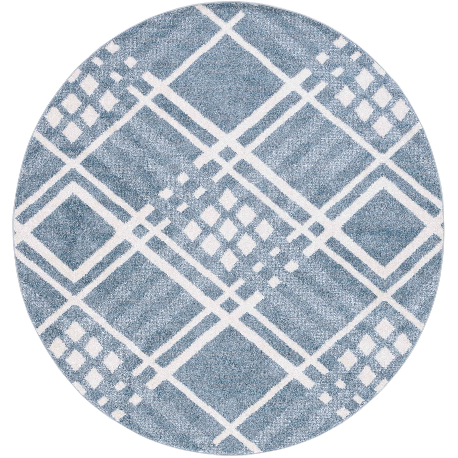 Blue and ivory round rug with crisp geometric lattice for modern style. || BLR228M-7R || top_studio
