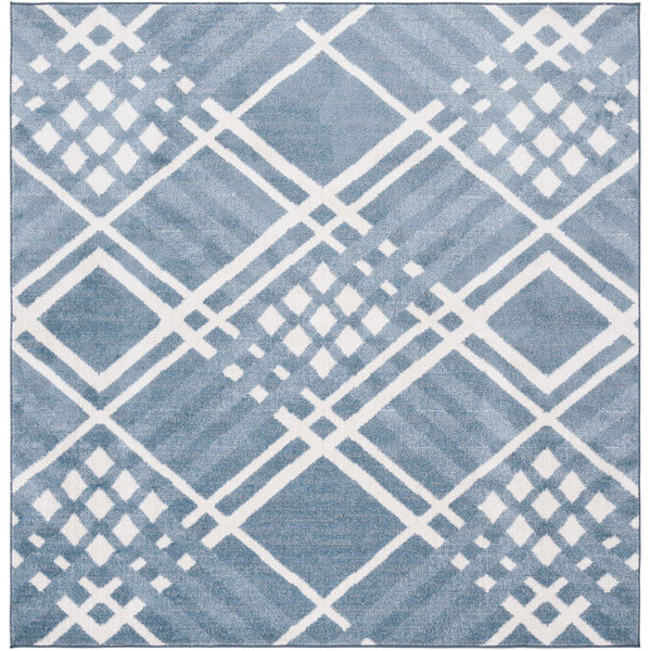 Square blue and ivory geometric rug delivers modern style with a soft, easy-care pile. || BLR228M-7SQ || top_studio