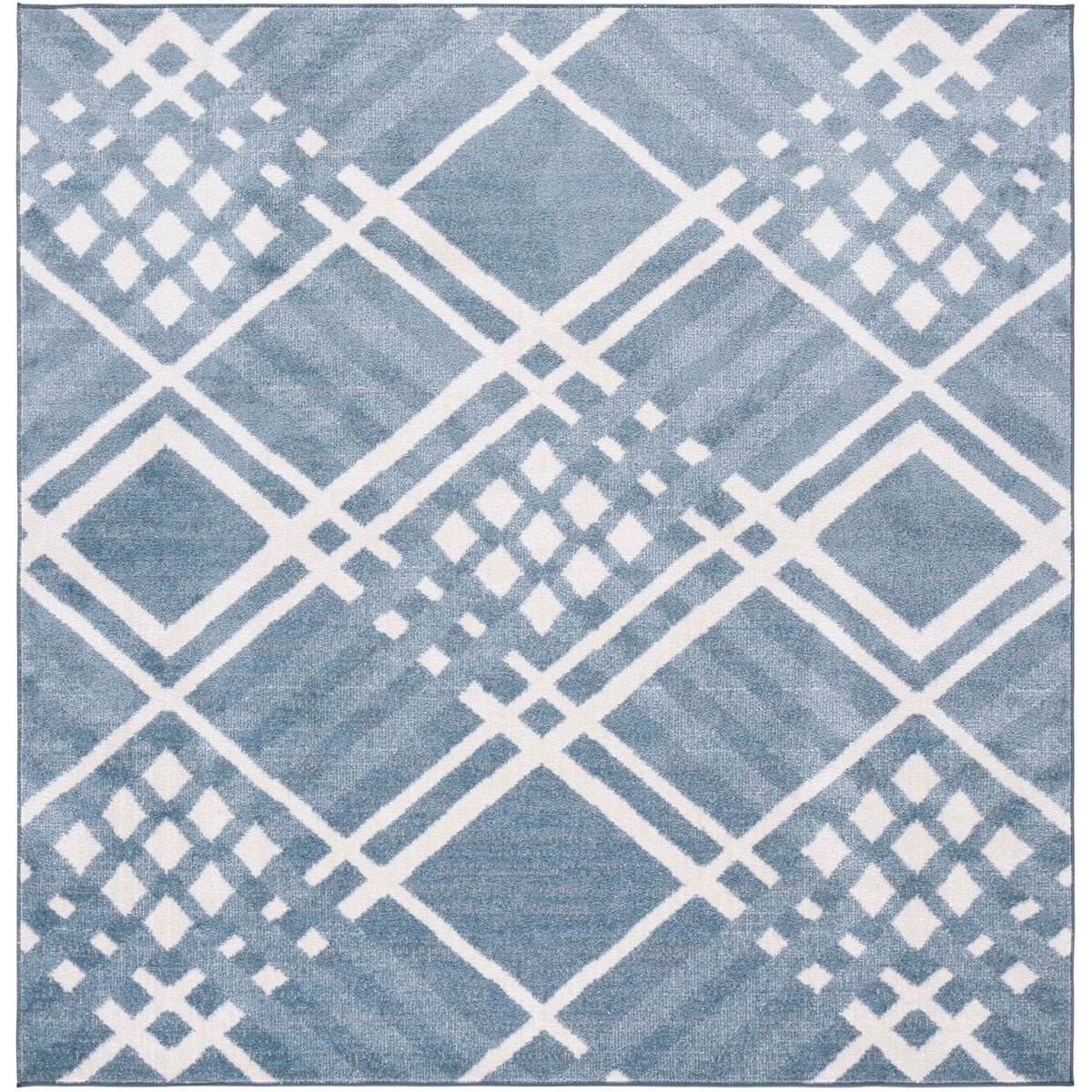 Square blue and ivory geometric rug delivers modern style with a soft, easy-care pile. || BLR228M-7SQ || top_studio