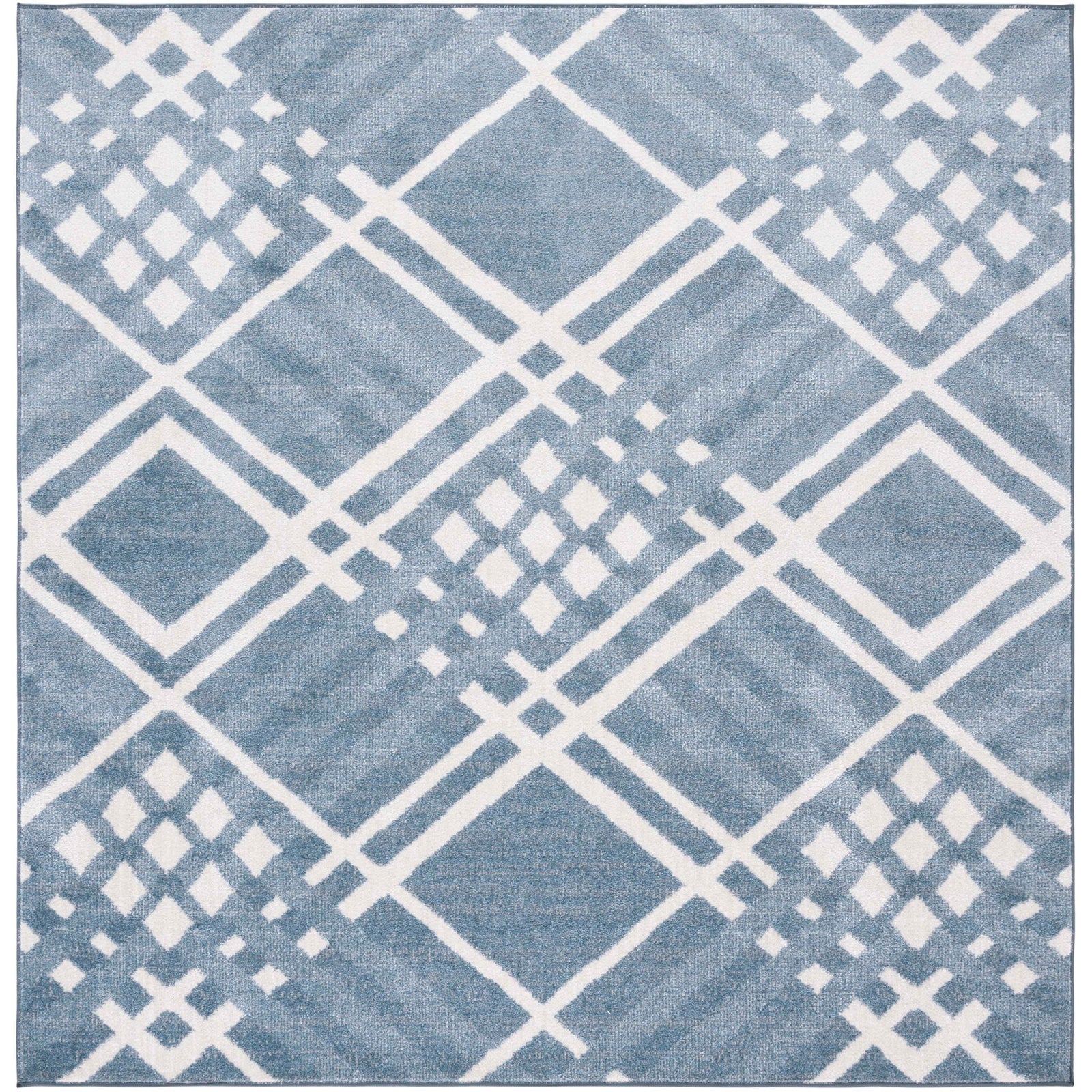 Square blue and ivory geometric rug delivers modern style with a soft, easy-care pile. || BLR228M-7SQ || top_studio