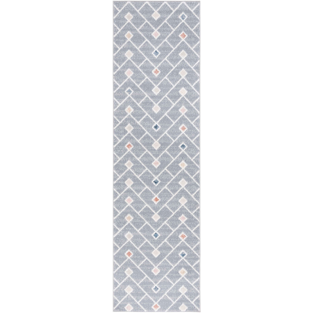 Washable gray runner rug with geometric chevron pattern and multicolor diamond accents || BLR230F-28 || top_studio