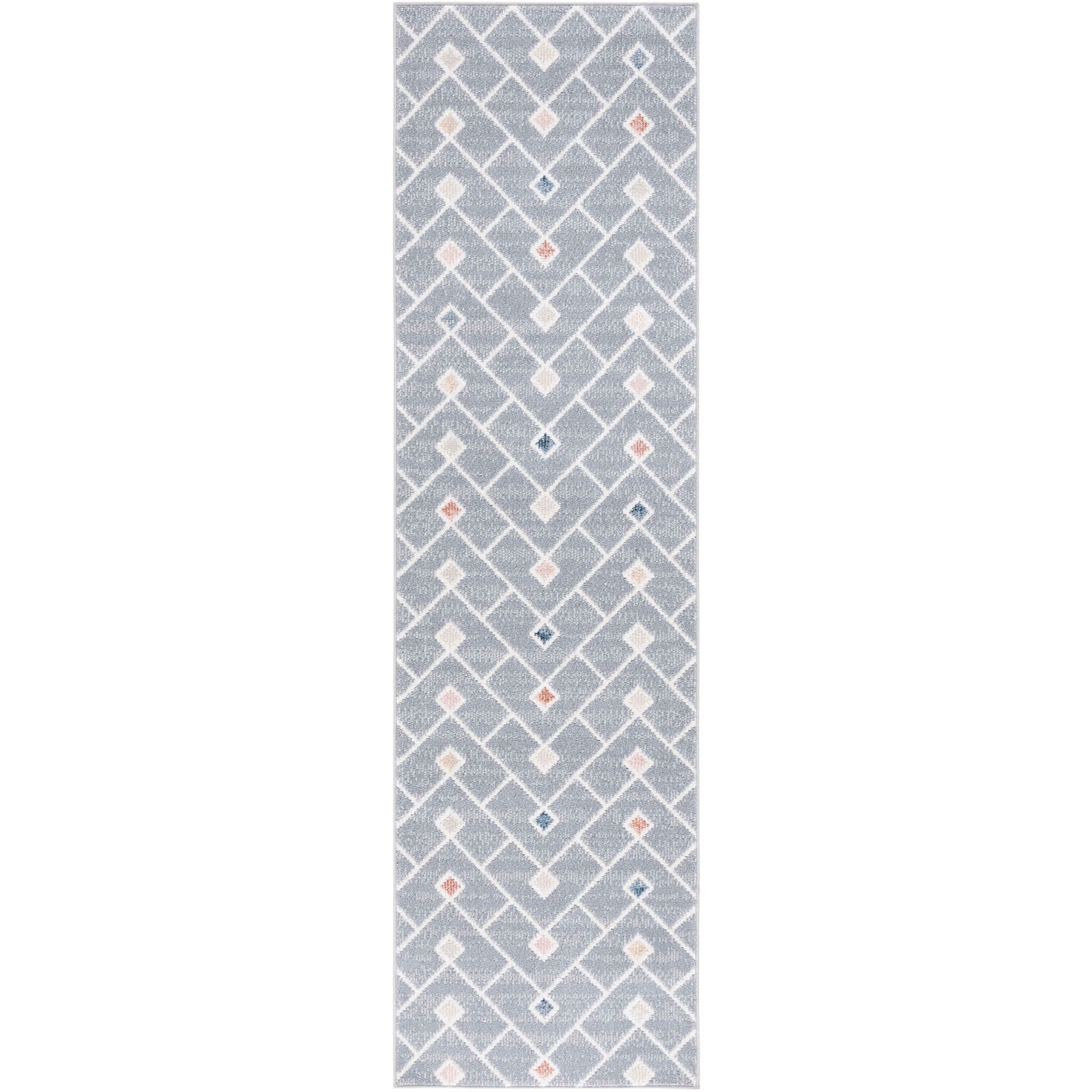 Washable gray runner rug with geometric chevron pattern and multicolor diamond accents || BLR230F-28 || top_studio