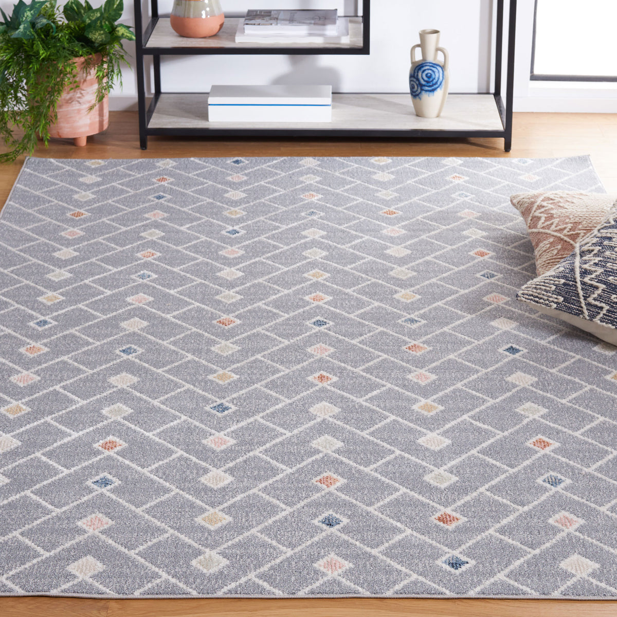 Gray rug shows chevron lattice with small multicolor diamonds and a soft low-pile texture || BLR230F-5 || top_room