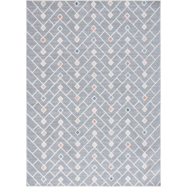 Rectangular gray rug with white chevron lattice and multicolor diamond accents || BLR230F-5 || top_studio
