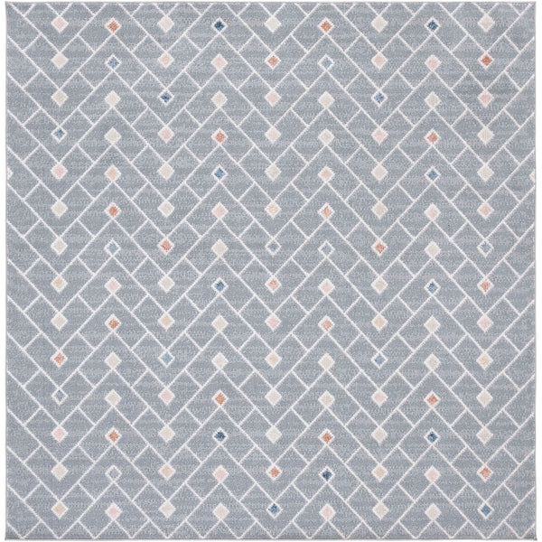 Square gray rug with white chevron lattice and multicolor diamond accents || BLR230F-7SQ || top_studio