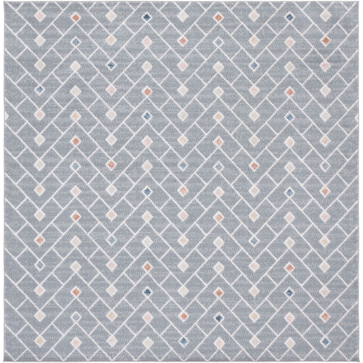 Square gray rug with white chevron lattice and multicolor diamond accents || BLR230F-7SQ || top_studio