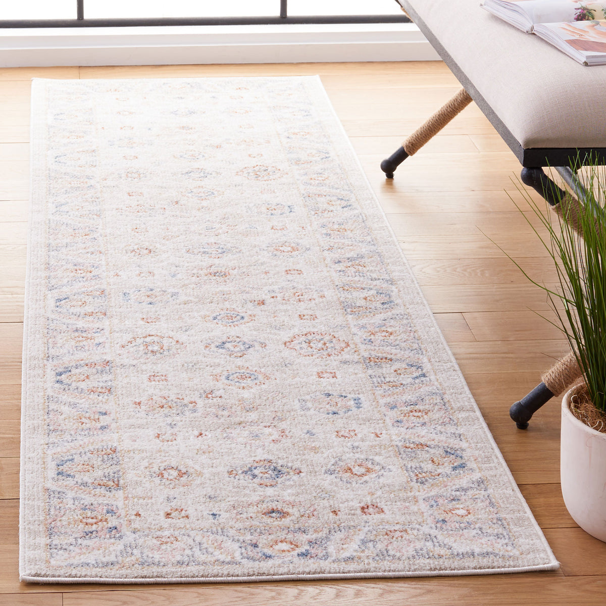 Beige and gray runner with delicate border and medallions for soft, versatile style || BLR232B-28 || front_angle_room