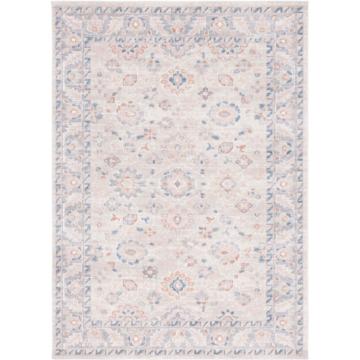 Beige and gray vintage-inspired rug with a soft pile and blue accents, framed by a classic floral border. || BLR232B-5 || top_studio