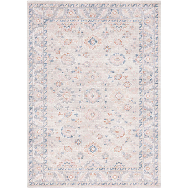 Beige and gray vintage-inspired rug with a soft pile and blue accents, framed by a classic floral border. || BLR232B-5 || top_studio