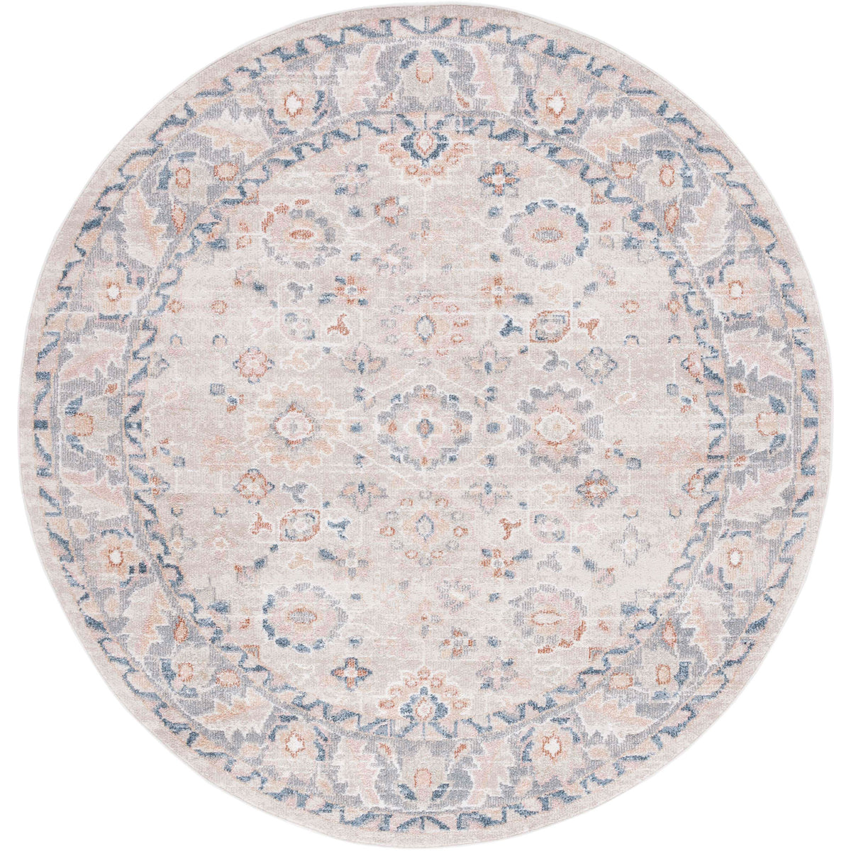 Round washable rug with a distressed beige and gray medallion and soft low pile. || BLR232B-7R || top_studio