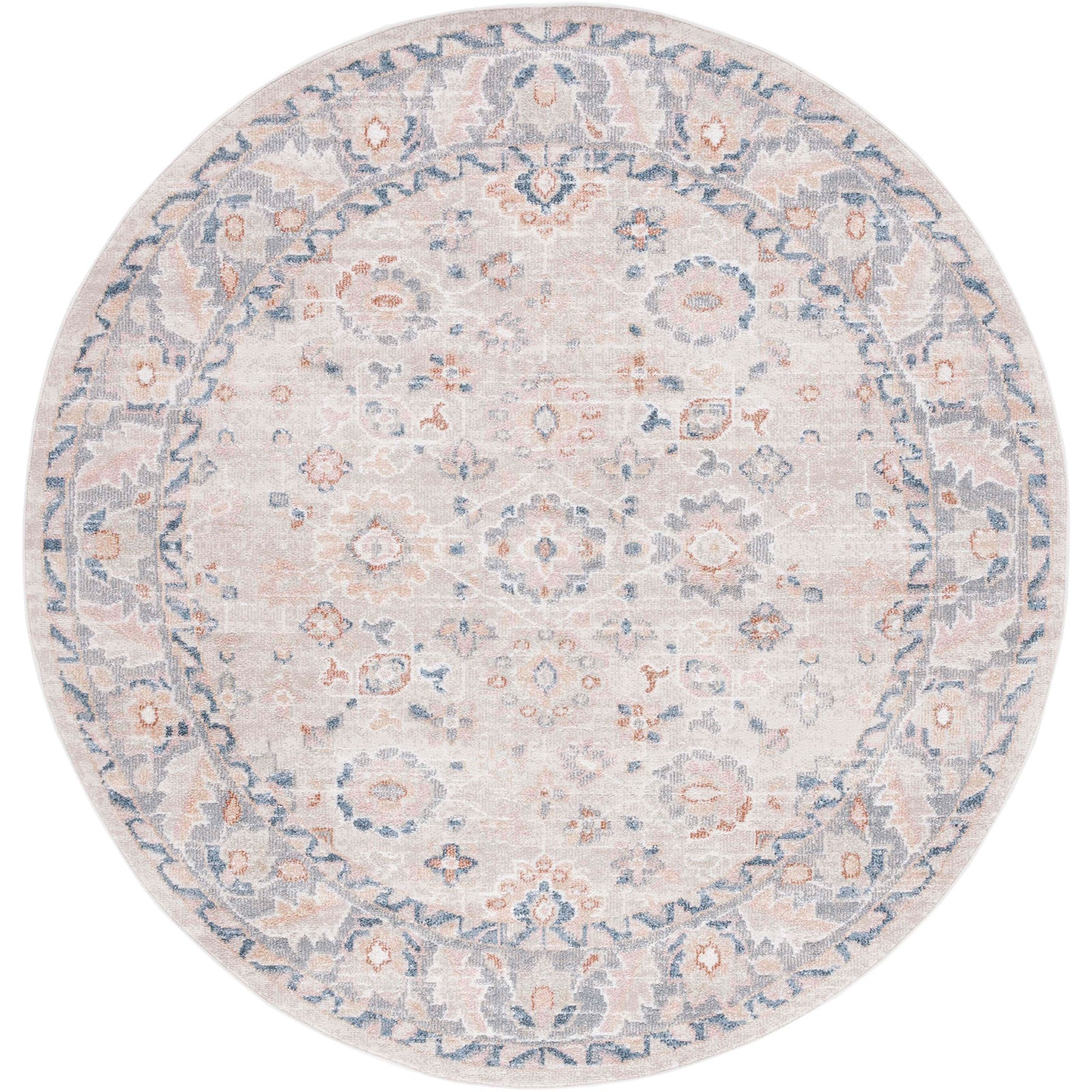 Round washable rug with a distressed beige and gray medallion and soft low pile. || BLR232B-7R || top_studio
