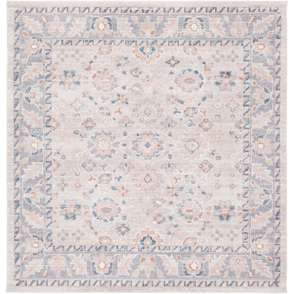 Square beige and gray rug with blue accents and a tailored border for a classic, traditional look. || BLR232B-7SQ || top_studio