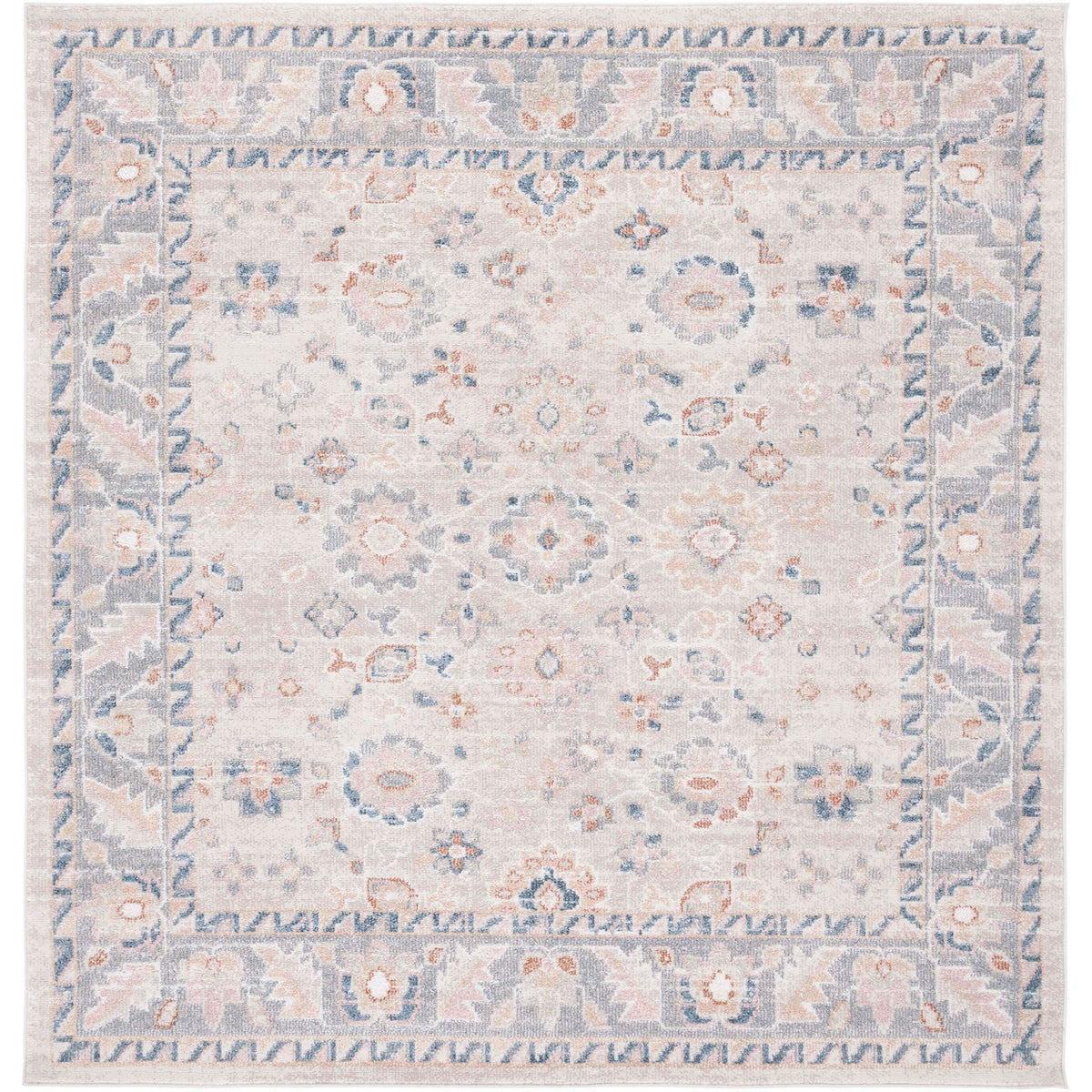 Square beige and gray rug with blue accents and a tailored border for a classic, traditional look. || BLR232B-7SQ || top_studio