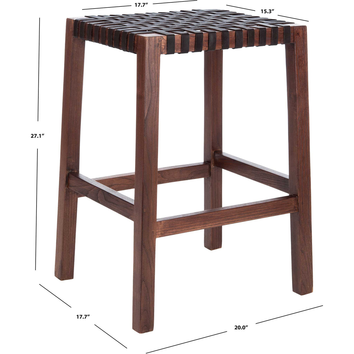 Standing 27.1 inches tall, this brown wood stool features a woven leather seat and sturdy footrests.