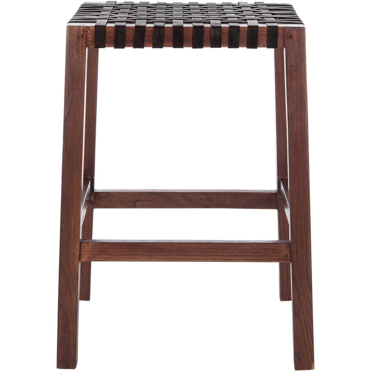 Dark brown leather bands add tactile pattern to a clean-lined wood frame with a built-in footrest. || BST1009C || front_studio