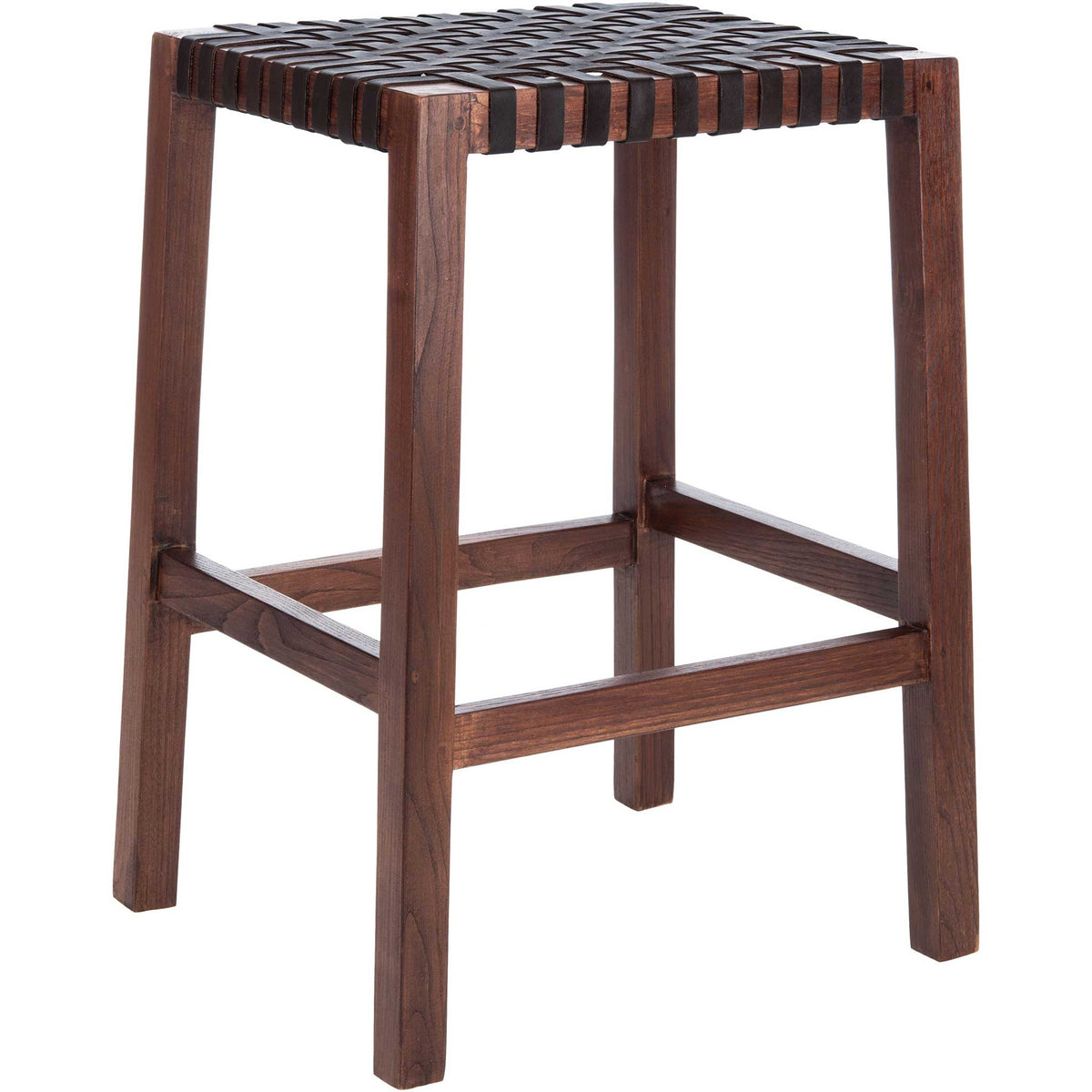 Rich brown wood, a woven leather seat, and sturdy footrests create an inviting counter-height stool. || BST1009C || front_angle_studio