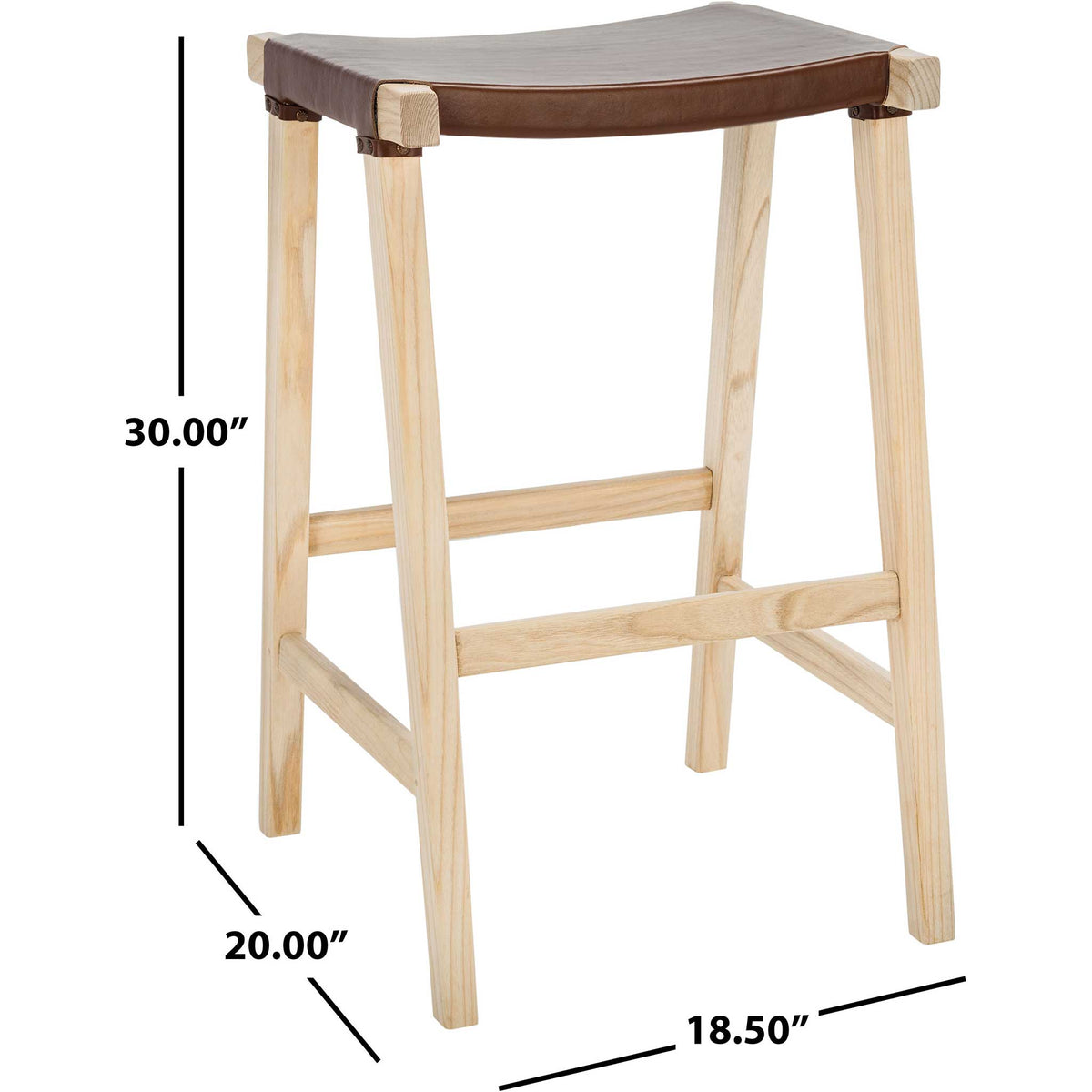 A cognac leather bar stool rises 30 inches tall on an open natural wood frame