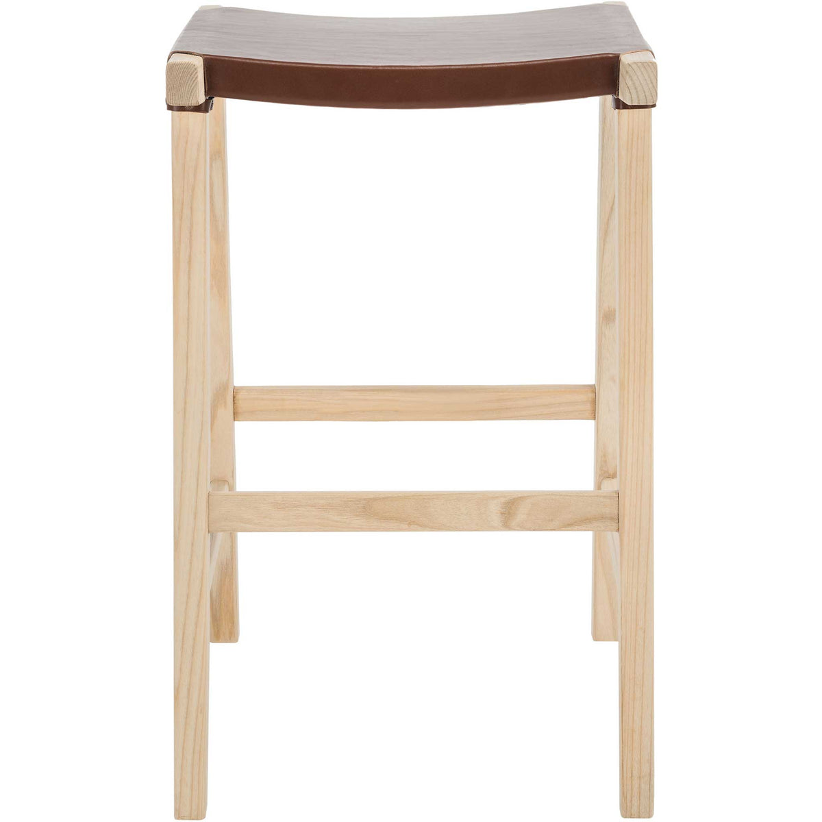 A cognac leather bar stool features a slim seat, pale wood legs, and a built-in footrest || BST1010B || front_studio