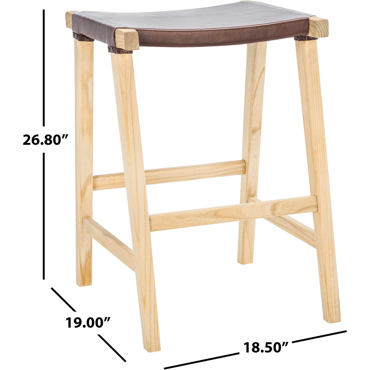 A cognac leather counter stool combines a pale wood frame with a 26.8-inch overall height