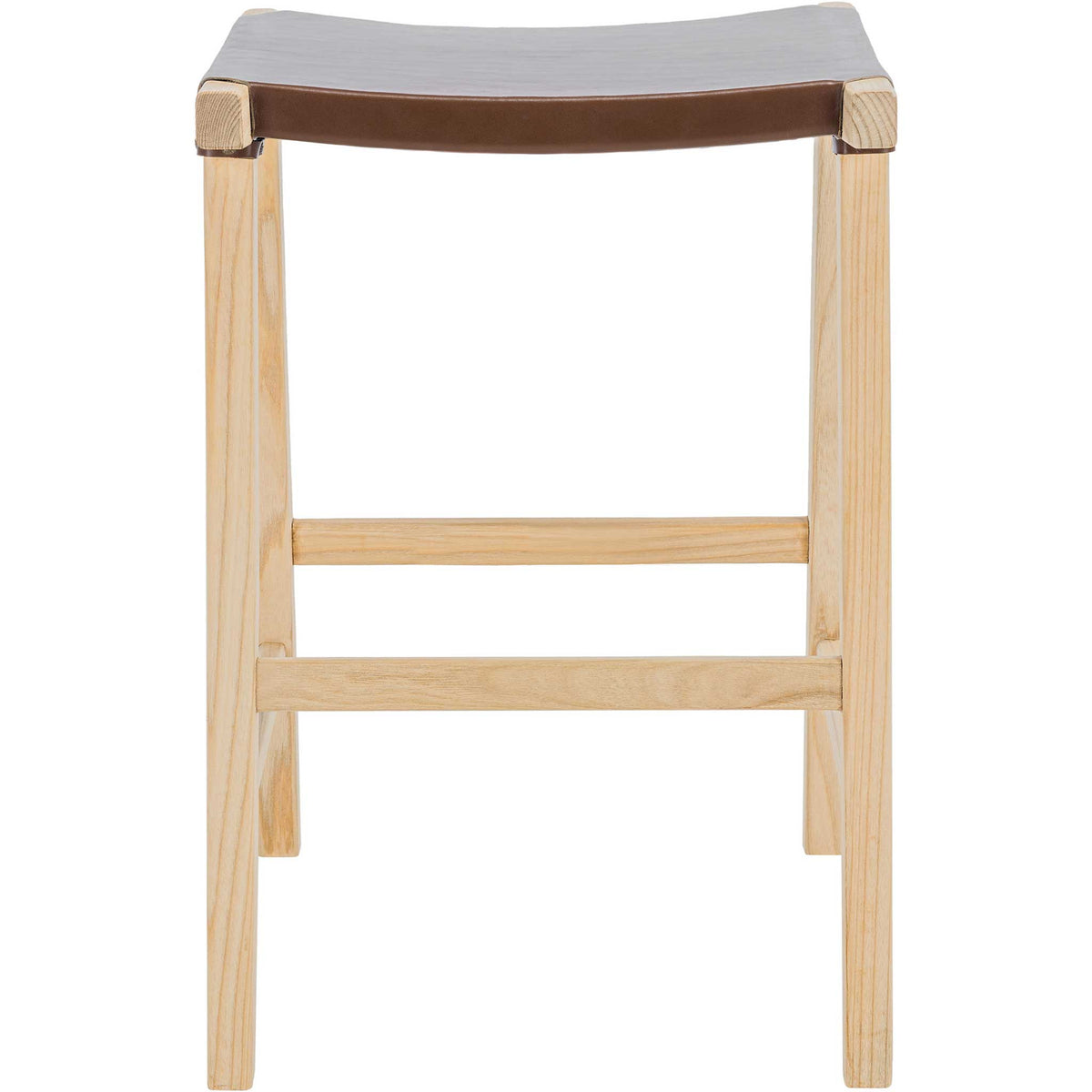 A cognac leather counter stool combines a gently curved seat with natural wood legs and a footrest || BST1011B || front_studio