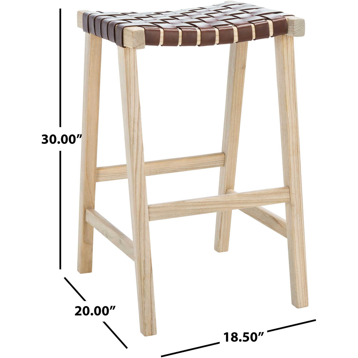 A 30-inch-high bar stool pairs a cognac leather weave with a light natural wood frame