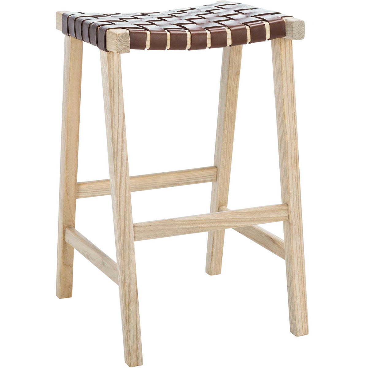 A cognac leather seat and pale wood frame give this tall bar stool airy, warm appeal || BST1012C || front_angle_studio