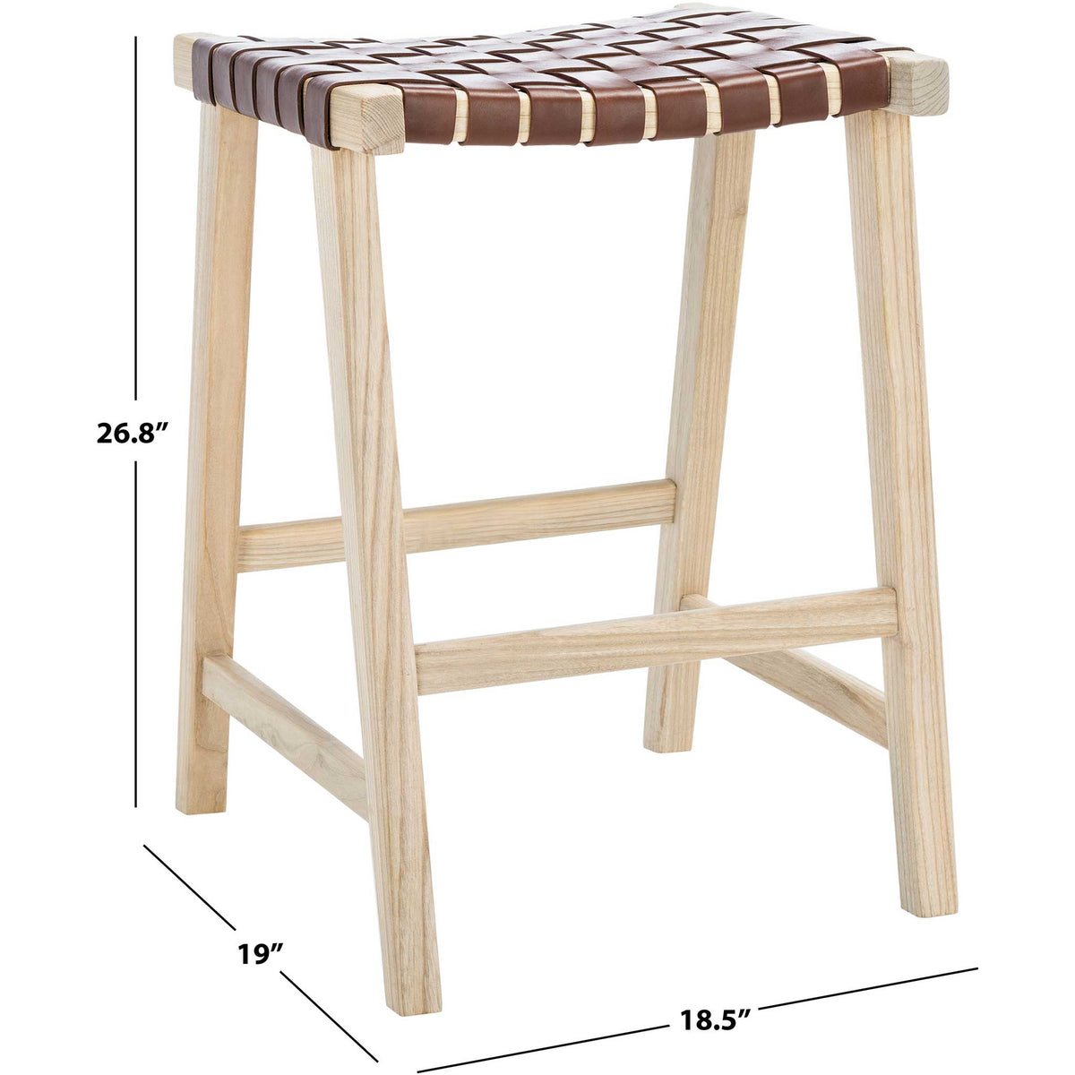 Compact counter stool pairs a cognac woven seat with a light wood frame at 26.8 inches high