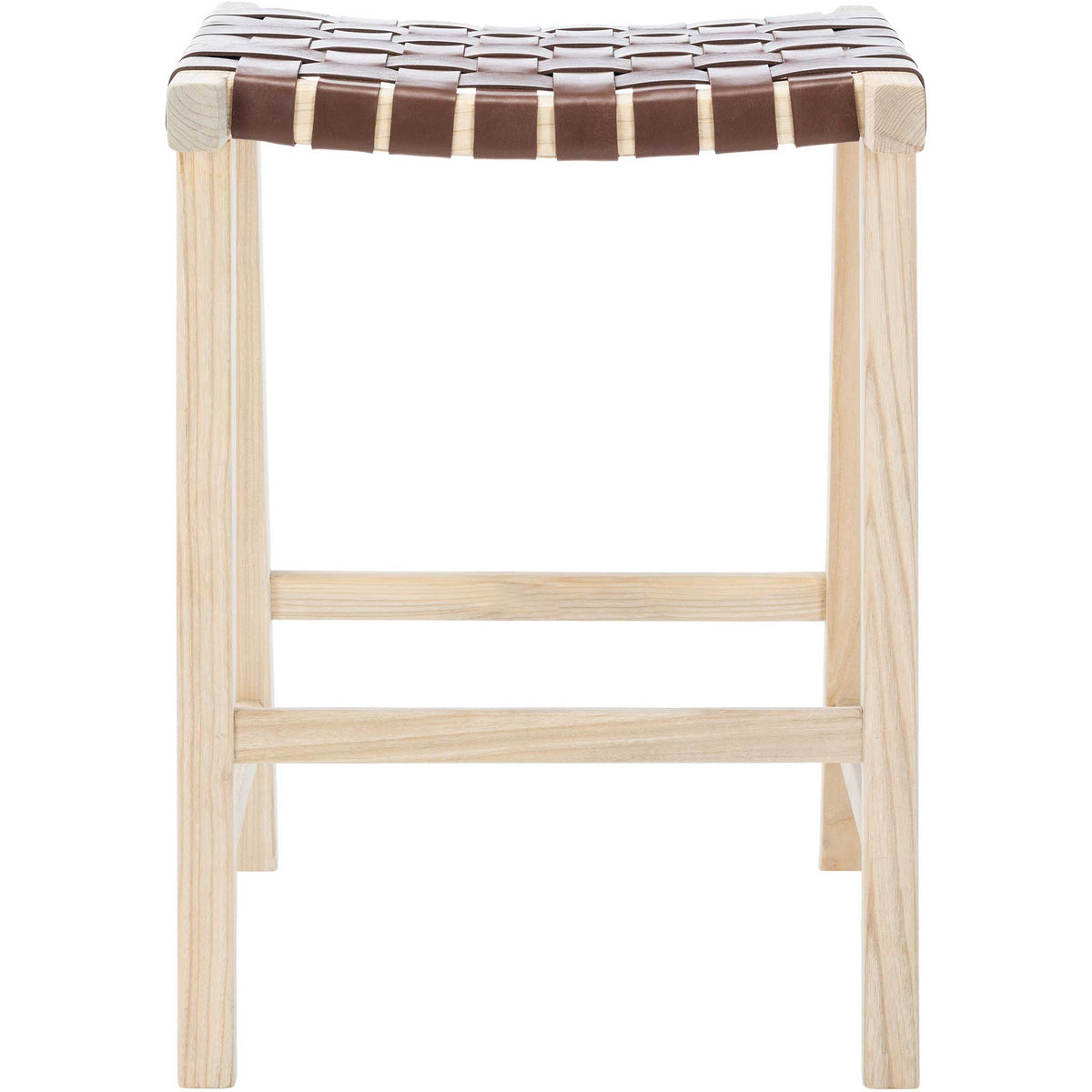 Cognac woven leather adds warmth to a light natural wood counter stool with a slim footrest || BST1013C || front_studio
