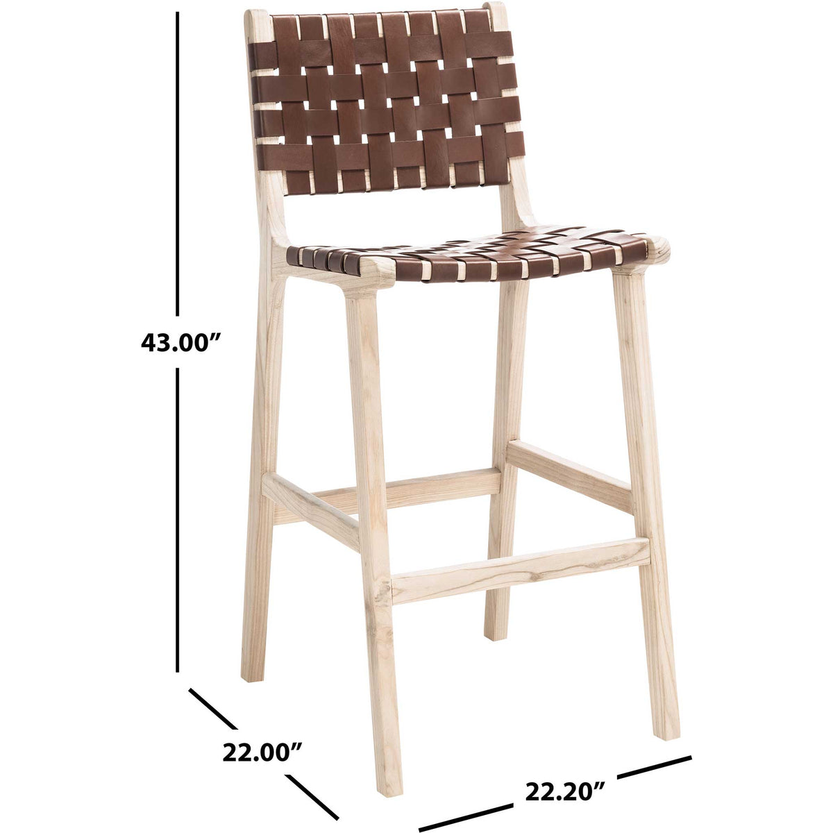 A woven cognac leather bar stool stands 43 inches tall on a natural wood frame.