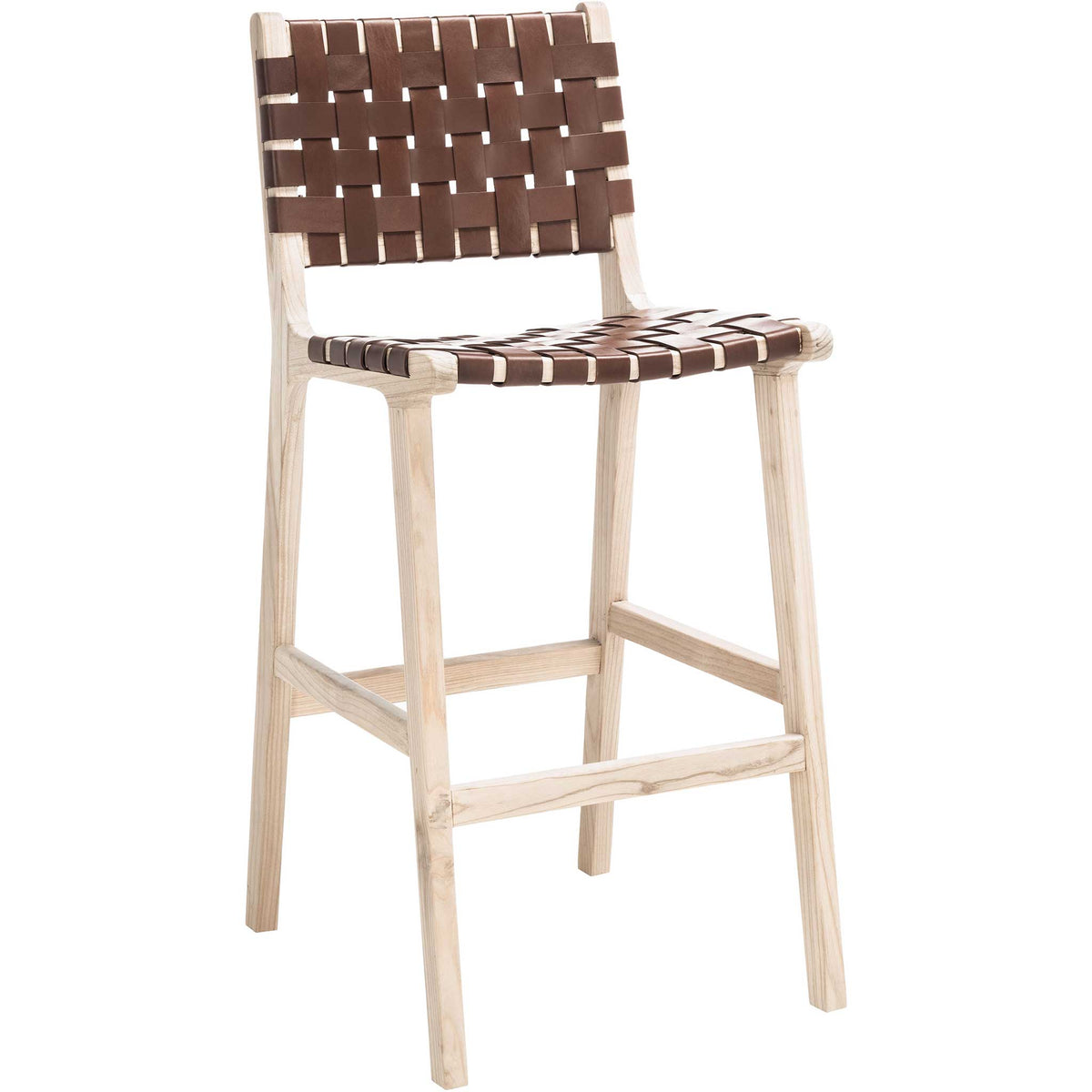 A cognac leather seat and back lend rich texture to a slim wood bar stool with footrails. || BST1014A || front_angle_studio