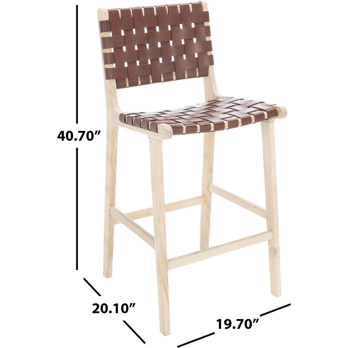Cognac leather and natural wood shape a counter stool measuring 40.7 inches tall.