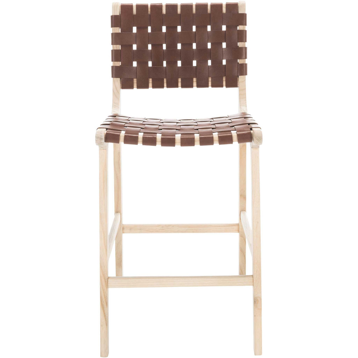 Cognac leather basket weave brings warmth to a light wood counter stool with a supportive footrest. || BST1015A || front_studio
