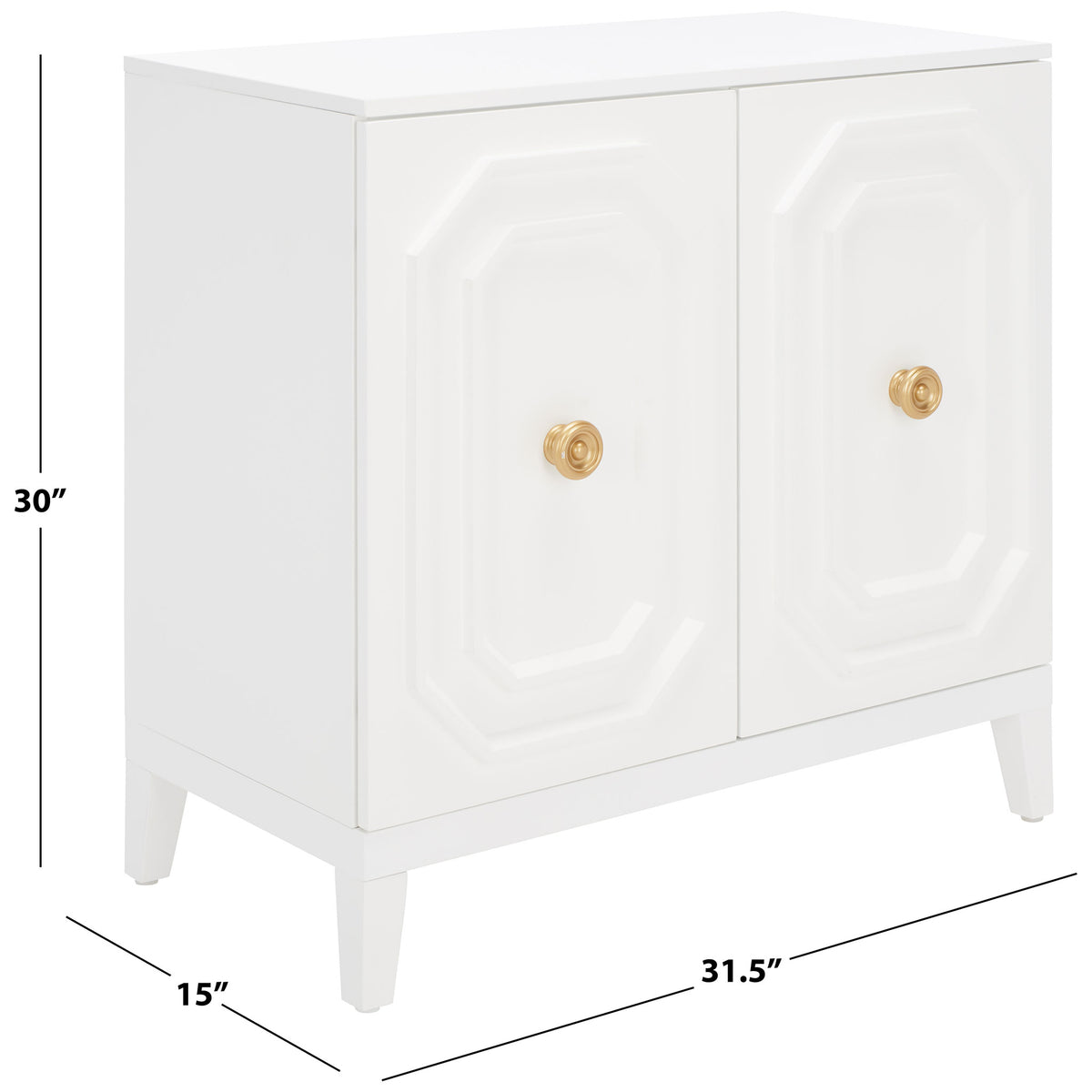This 31.5-inch-wide cabinet pairs sculpted white doors with gold-tone knobs and a compact footprint. || CHS5003A || dimension_studio