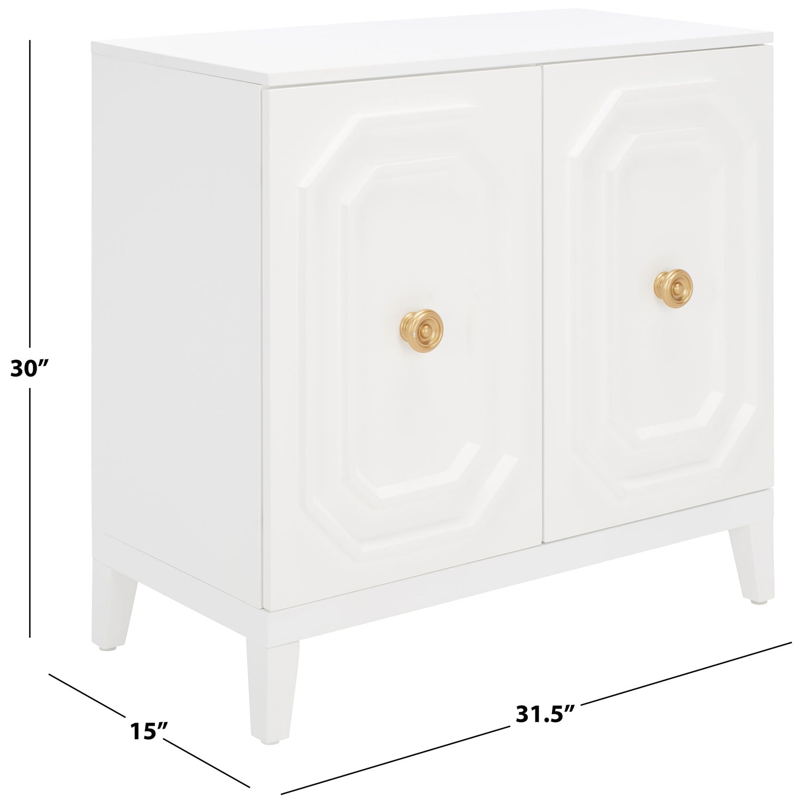 This 31.5-inch-wide cabinet pairs sculpted white doors with gold-tone knobs and a compact footprint. || CHS5003A || dimension_studio