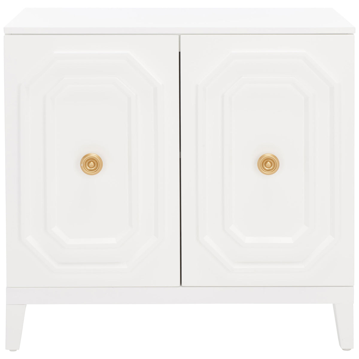 Two sculpted geometric doors, round gold-tone knobs, and tapered legs define this white cabinet. || CHS5003A || front_studio