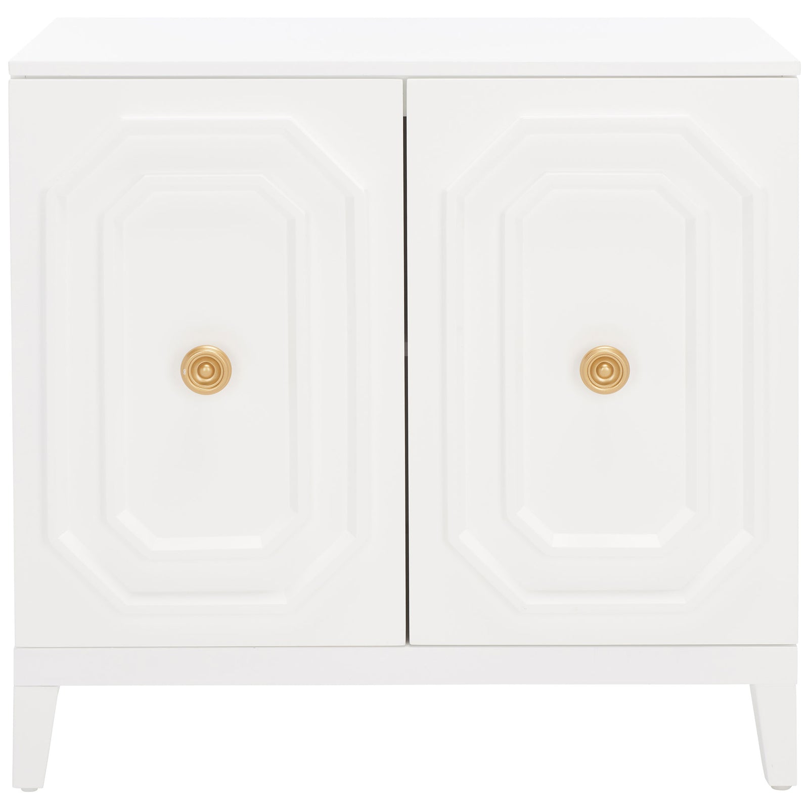 Two sculpted geometric doors, round gold-tone knobs, and tapered legs define this white cabinet. || CHS5003A || front_studio