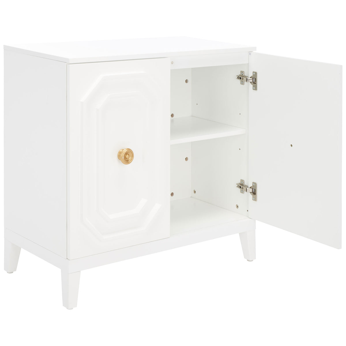 An open door reveals an adjustable shelf and two storage levels inside the white cabinet.