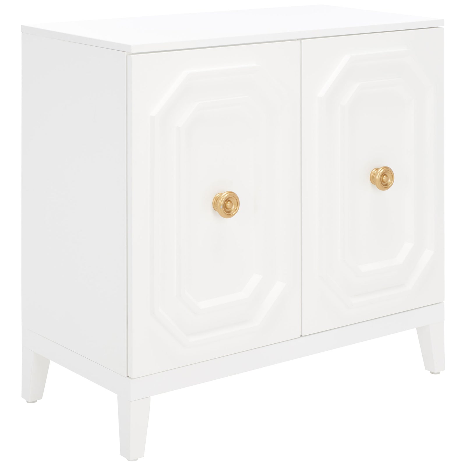 Raised geometric door panels and gold-tone knobs bring depth and warmth to this white cabinet. || CHS5003A || front_angle_studio