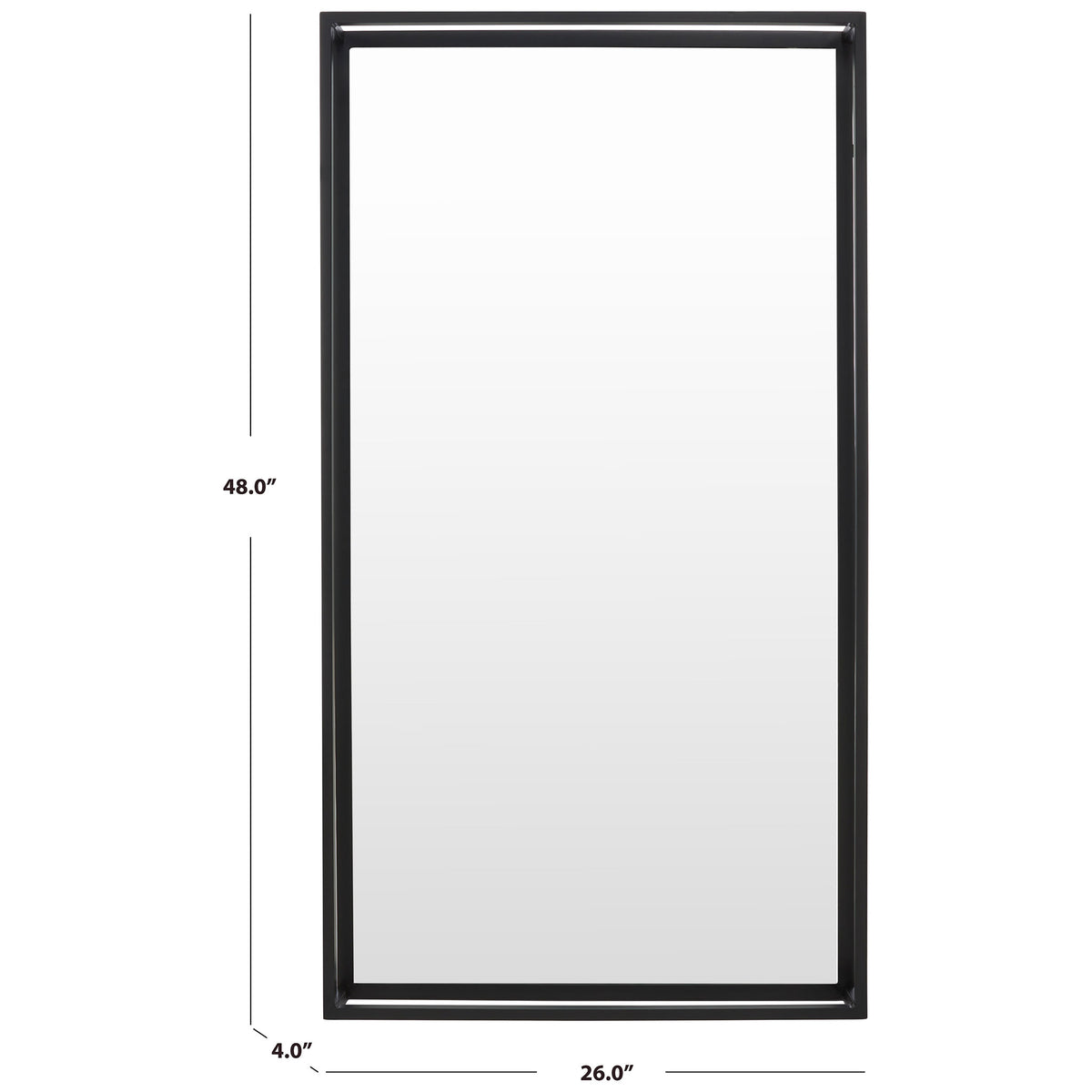 The black-framed mirror measures 26 inches wide, 48 inches tall, and 4 inches deep.