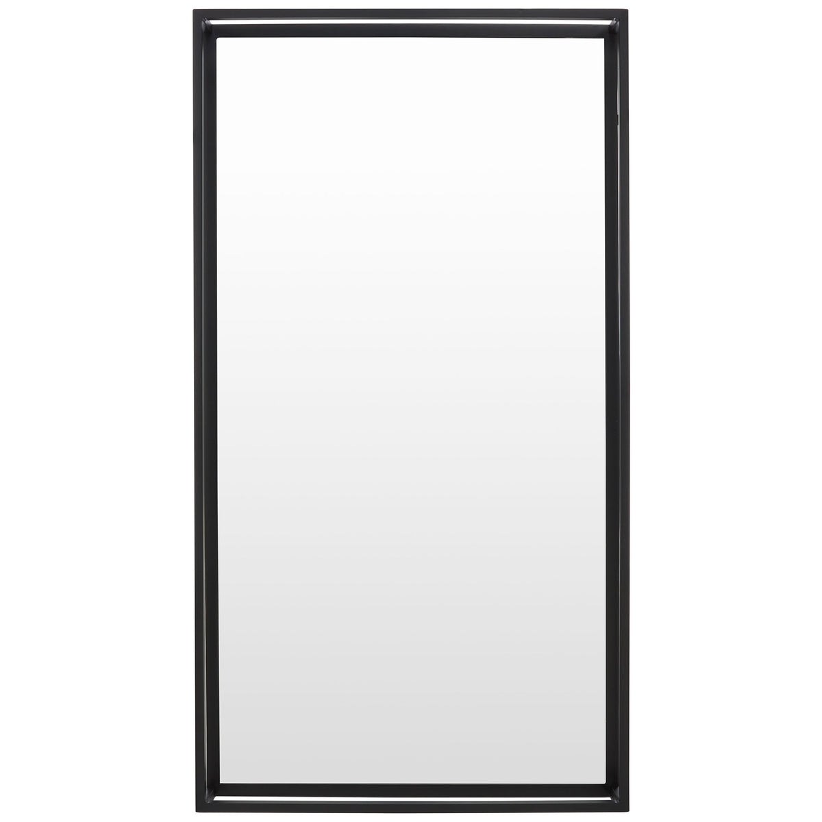 A slender black shadow box frame surrounds a tall rectangular mirror for a clean, modern look. || CMI1001A || front_studio