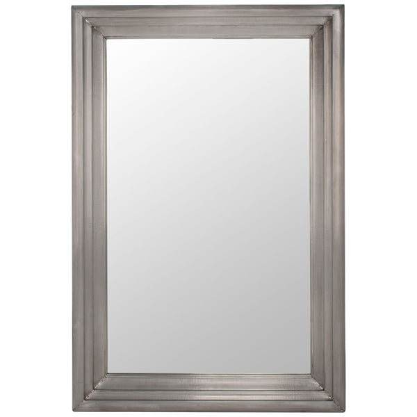A tall rectangular mirror pairs a reflective surface with a broad, layered silver frame. || CMI2001B || front_studio