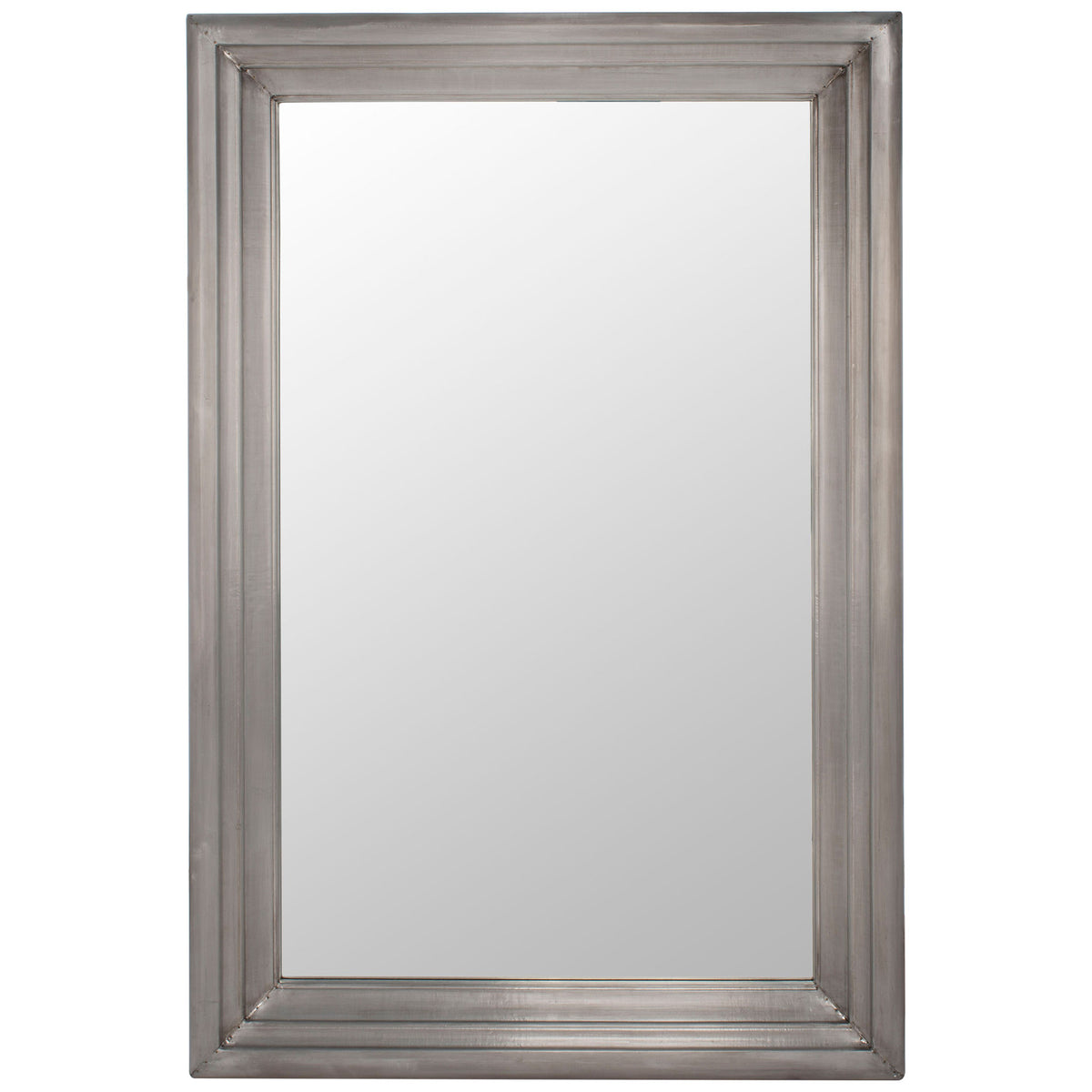 A tall rectangular mirror pairs a reflective surface with a broad, layered silver frame. || CMI2001B || front_studio